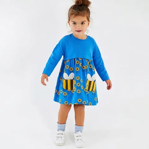 Vestito a Maniche Lunghe in Cotone per Bambina Blu Reale Stampa Floreale Gonna Tutu con Tasche ad Ape per Bambini