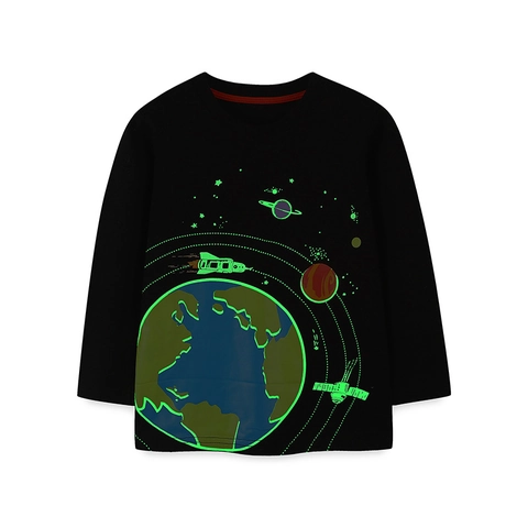 Maglietta a Maniche Lunghe in Cotone da Ragazzo Stampa Fluorescente Cartone Animato Spazio Nero Autunno Casual Bambini