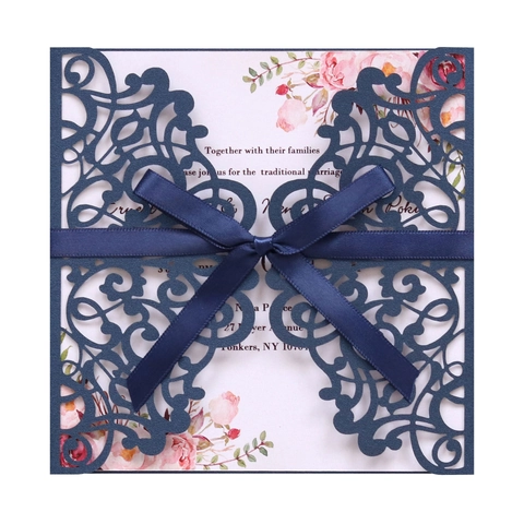 Élégantes Cartes D'Invitation De Mariage Découpées Au Laser De Style Européen Motifs Floraux Creux Nœud En Ruban De Satin Invitations Pour Célébration Mariage Fête Décorations