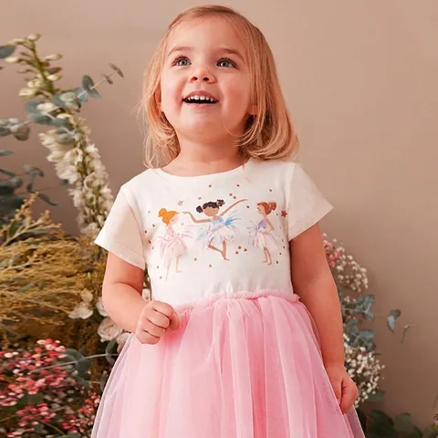 Robe de Princesse en Tulle à Manches Courtes Imprimé Danseuse de Ballet pour Filles Robe d'Été en Coton