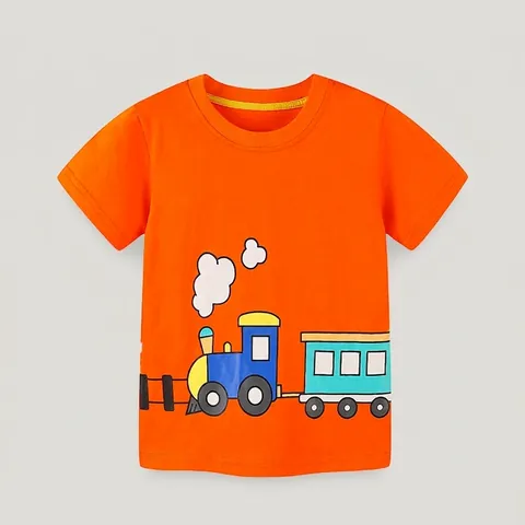 T-Shirt 100% Coton pour Garçons Style Occidental Décontracté Imprimé Train Col Rond Manches Courtes Top Enfants Été Quotidien
