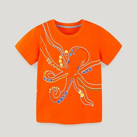 T-Shirt pour Petits Garçons avec Imprimé Poulpe Dessin Animé 100% Coton Col Rond Manches Courtes Haut Décontracté Été