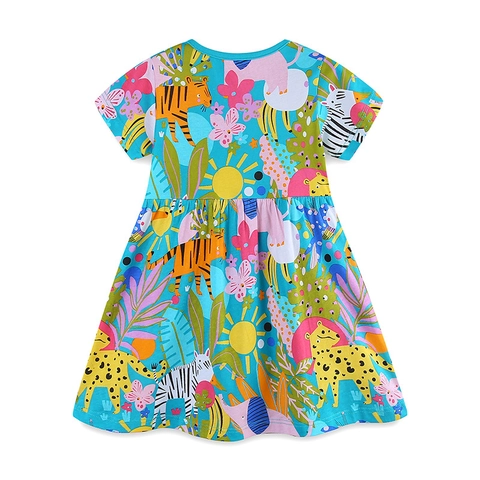 Girls Summer Cotton Dress Cartoon Jungle Animal Print Round Neck Short Sleeve A-Line Princess Dress For Kids Daily Wear