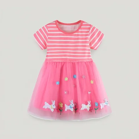 Robe Princesse en Maille Rayée avec Broderie Lapin pour Filles Robe d'Été en Coton et Tulle pour Enfants