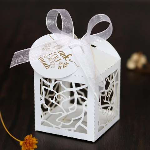 Cajas de Caramelos de Flores de Rosa Caladas de Corte Láser Con Cinta para Boda Cumpleaños Fiesta Regalos Embalaje Elegante Caja de Papel