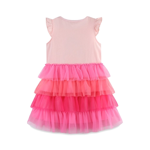 Abito Estivo da Bambina Rosa Stampa Fenicottero Manica Corta Gonna Tulle Sfumata Mesh a Strati Vestito da Principessa per Feste Casual
