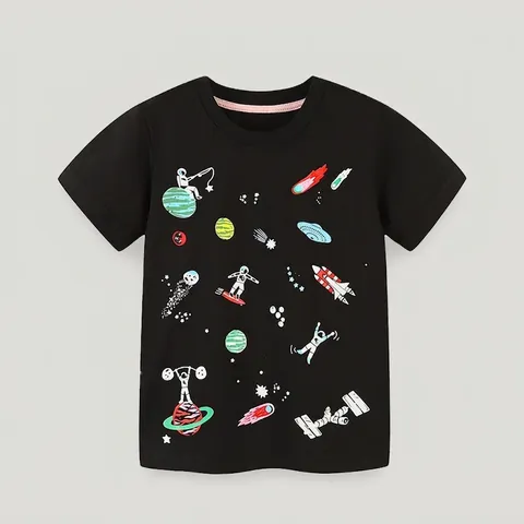 Camiseta de Manga Corta de Algodón para Niños Astronauta Espacio Estampado Dibujos Animados Casual Cuello Redondo Top Verano