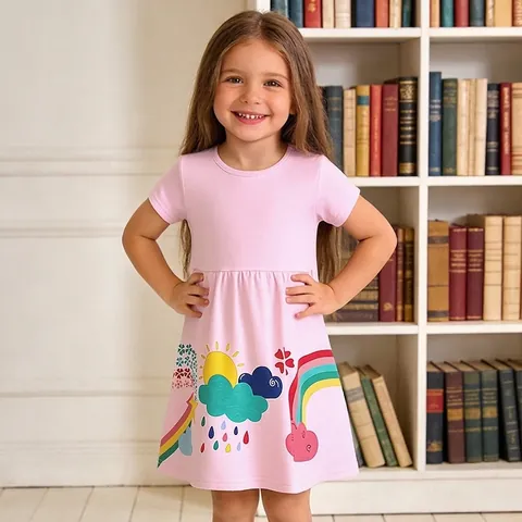 Girls Summer Cotton Short Sleeve Dress Cartoon Rainbow Print Princess Dress For Toddler Kids Western Fashion Pink Dress