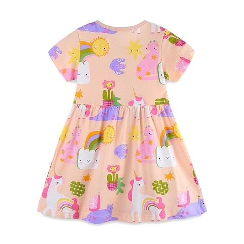 Robe en Coton à Manches Courtes pour Filles Imprimé Dessin Animé Licorne Arc-en-ciel Tenue de Princesse d'Été Décontractée
