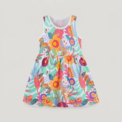 Vestito Estivo da Bambina in Cotone Senza Maniche con Stampa Colorata di Fiori e Farfalle Abito Casual Linea ad A