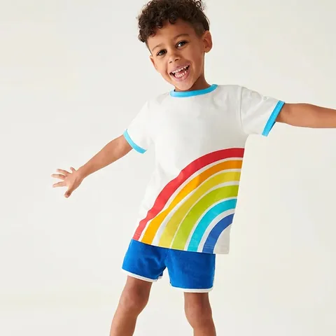 Jungen Sommer 100% Baumwolle Kurzarm T-Shirt Regenbogen Druck Kontrast Einfassung Rundhals Casual Atmungsaktiv Kinder Top