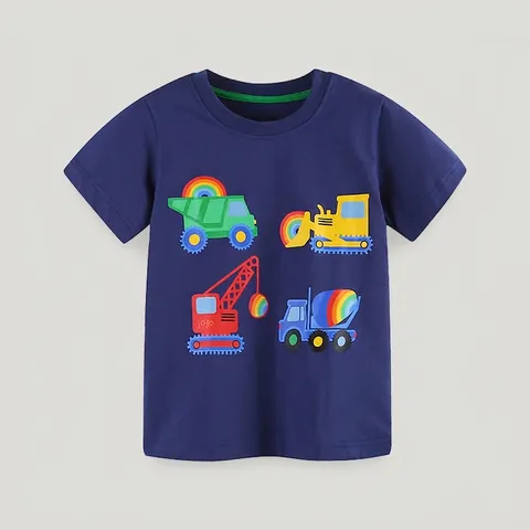 Maglietta a Maniche Corte da Ragazzo in Morbido Cotone con Stampa di Veicoli da Cantiere Cartone Animato Arcobaleno Girocollo Top Estivo Casual per Bambini