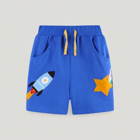 Boys Cotton Knit Shorts Summer Casual Sports Pants Cartoon Rocket Embroidered Star Elastic Waist Drawstring Kids Bottoms