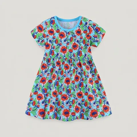 Girls Floral Print Summer Dress Soft Cotton Short Sleeve Round Neck Princess Party Sundress For Toddler Kids Light Blue