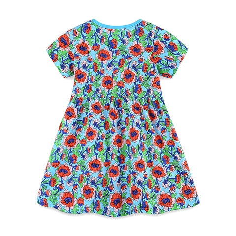 Girls Floral Print Summer Dress Soft Cotton Short Sleeve Round Neck Princess Party Sundress For Toddler Kids Light Blue