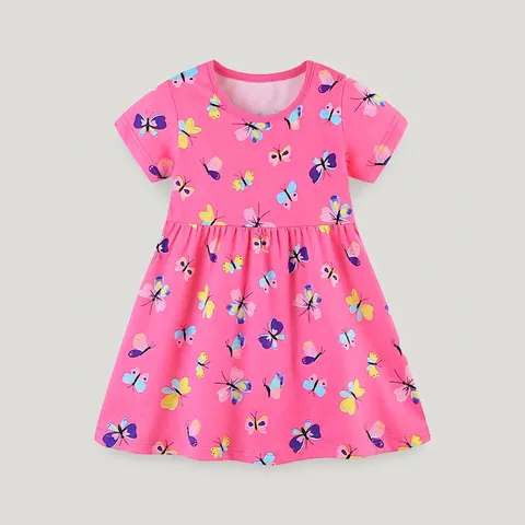 Toddler Girls Summer Short Sleeve Princess Dress Pink Butterfly Print Round Neck Cotton A-Line Tutu Dress For Kids