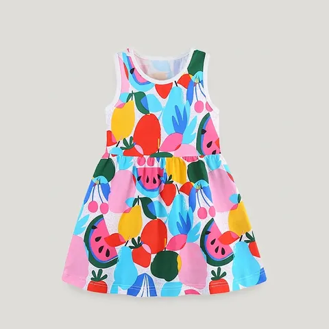 Toddler Girls Summer Sleeveless Cotton Dress Colorful Fruit Print Round Neck Casual Princess Sundress For Kids 2Y-7Y