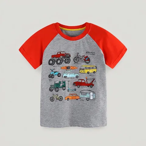 Παιδικό T-Shirt από 100% Βαμβάκι με Γραφικό Σχέδιο Οχημάτων Cartoon Monster Truck Κοντό Μανίκι Ραγκλάν Καλοκαιρινό