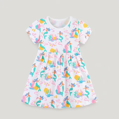 Abito a Maniche Corte in Cotone Estivo da Ragazza Cartone Animato Sirena Stampa Principessa Abito a Linea per Bambini Casual Festa