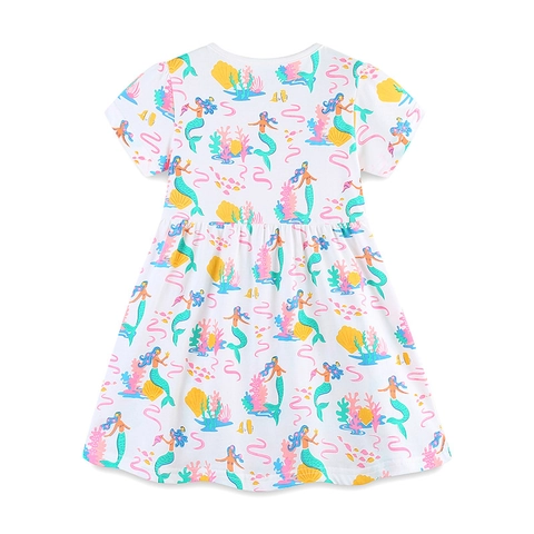 Abito a Maniche Corte in Cotone Estivo da Ragazza Cartone Animato Sirena Stampa Principessa Abito a Linea per Bambini Casual Festa