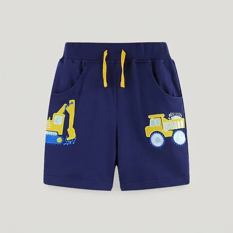 Pantaloncini in Cotone per Ragazzi Ricamo Escavatore Veicolo da Cantiere Coulisse Elastica in Vita Casual Estivi Bambini