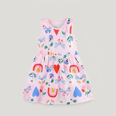 Mädchen Sommer Ärmellos Baumwolle Cartoon Druck Kleid Süß Prinzessin A-Linie Sommerkleid Schmetterling Regenbogen Blumen Rosa