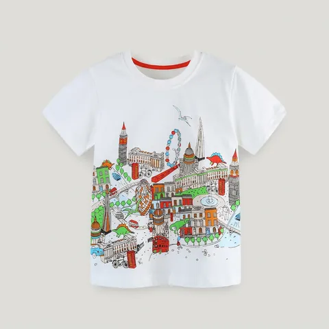 Jungen Baumwolle T-Shirt London City Dinosaurier Cartoon Druck Sommer Kurzarm Rundhals Lässig Weich Atmungsaktiv Kinder Top
