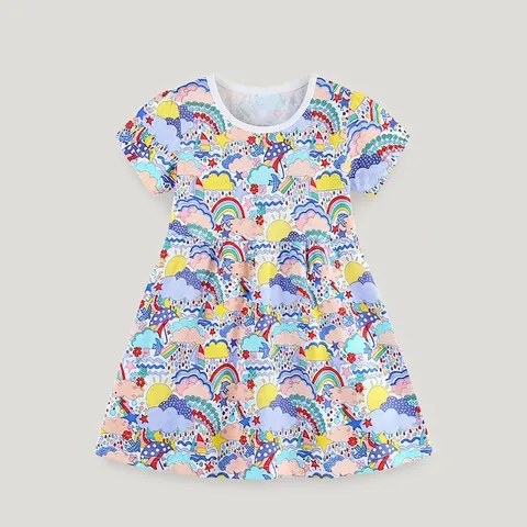 Girls Casual Short Sleeve Cotton Dress Cartoon Rainbow Cloud Print Princess Dress For Summer Toddler Kids Fashion Clothing