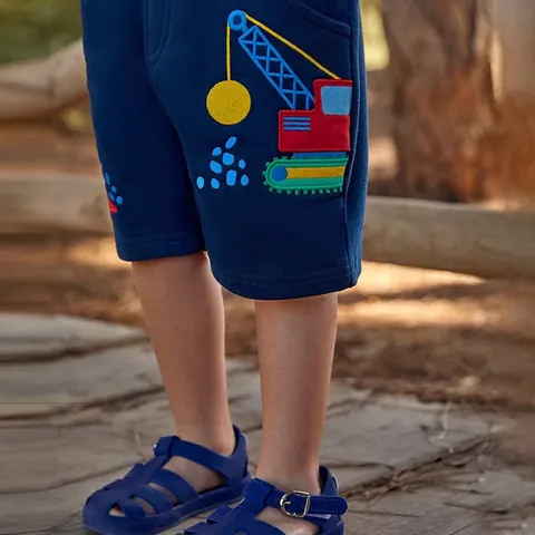 Sommer Jungen Lässige Baumwolle Bestickte Shorts Dunkelblau Baufahrzeug Bagger Kran Bedruckte Kordelzug Shorts