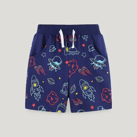 Boys Cotton Casual Shorts Summer Space Rocket Printed Shorts Breathable Elastic Waist Drawstring Kids Sports Bottoms Navy Blue