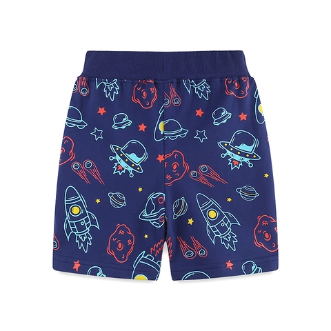 Boys Cotton Casual Shorts Summer Space Rocket Printed Shorts Breathable Elastic Waist Drawstring Kids Sports Bottoms Navy Blue