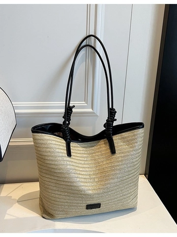 Sac Fourre-tout en Paille Tissée pour Femmes Grande Capacité Sac à Bandoulière de Plage Sangle en Similicuir Couleur Contrastée