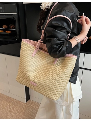 Sac Fourre-tout en Paille Tissée pour Femmes Grande Capacité Sac à Bandoulière de Plage Sangle en Similicuir Couleur Contrastée