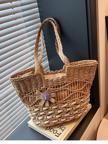 Large Capacity Straw Woven Tote Bag For Women Handcrafted Shoulder Bag Hollow Out Beach Vacation Handbag With Butterfly Pendant