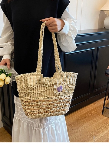 Large Capacity Straw Woven Tote Bag For Women Handcrafted Shoulder Bag Hollow Out Beach Vacation Handbag With Butterfly Pendant