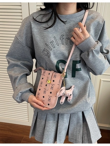 Vintage Cartoon Bear Print PU Leather Mobile Phone Bag Women Small Crossbody Shoulder Bag With Puppy Charm Commuter Purse