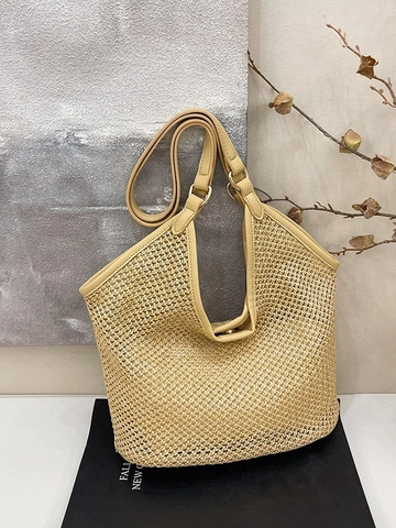 Borsa Tote in Paglia Intrecciata Grande Capacità Spiaggia Vacanza Borsa a Spalla Contrasto Ecopelle Intrecciata Donna Estate