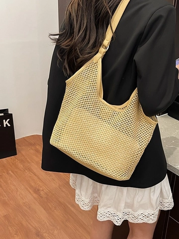 Borsa Tote in Paglia Intrecciata Grande Capacità Spiaggia Vacanza Borsa a Spalla Contrasto Ecopelle Intrecciata Donna Estate