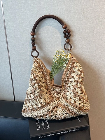 Bohemian Large Capacity Straw Woven Shoulder Bag Summer Beach Holiday Tote Bag With Wooden Beads Handle Women Handcrafted Bag