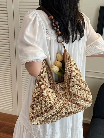 Bohemian Large Capacity Straw Woven Shoulder Bag Summer Beach Holiday Tote Bag With Wooden Beads Handle Women Handcrafted Bag