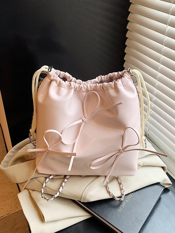 Sac Seau à Cordon en Cuir PU avec Nœud pour Femme Sac à Bandoulière Élégant avec Chaîne en Métal pour Fête