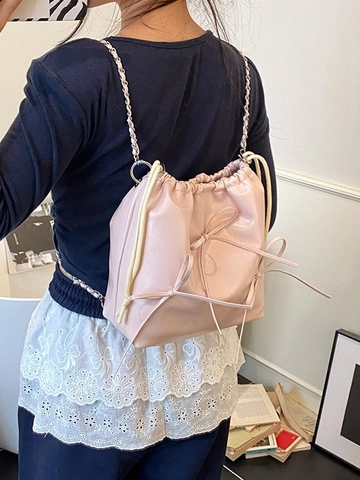 Sac Seau à Cordon en Cuir PU avec Nœud pour Femme Sac à Bandoulière Élégant avec Chaîne en Métal pour Fête