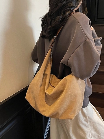 Vintage Large Capacity Canvas Tote Bag For Women Retro Hobo Shoulder Bag Adjustable Strap Daily Commute Solid Color Casual Purse