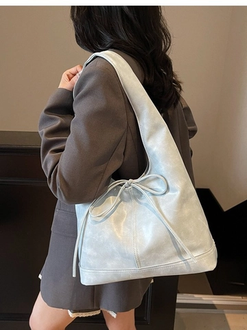 Women Large Capacity PU Leather Tote Bag Vintage Bow Decor Underarm Shoulder Bag Casual Commuting Solid Color Hobo Handbag