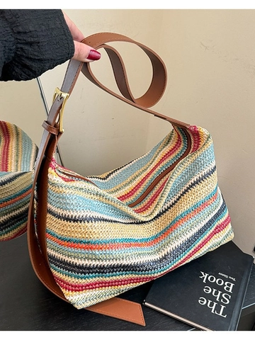 Sac à Bandoulière Tissé à Rayures Bohème pour Femmes Grande Capacité Multicolore Hobo Tote pour Plage Vacances Voyage Sac à Main Décontracté