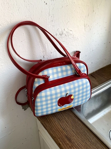 Sac à Dos Vichy Vintage pour Femmes Broderie Pomme Cuir PU Sac Fourre-tout Épaule Sac à Main École Coréenne Navette Multi-usage