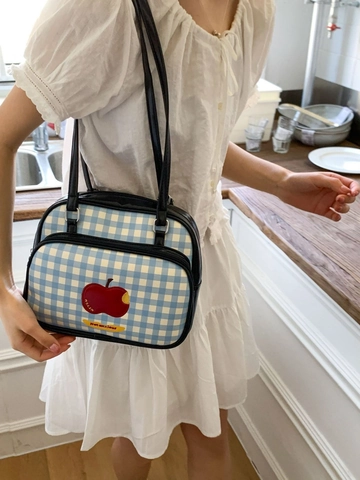 Sac à Dos Vichy Vintage pour Femmes Broderie Pomme Cuir PU Sac Fourre-tout Épaule Sac à Main École Coréenne Navette Multi-usage