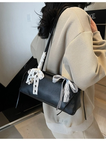 Sac à Épaule Femme Français Vintage Avec Nœud en Dentelle Grande Capacité Sac à Main en Cuir PU Ruban à Carreaux Pendentif Cœur
