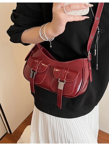 Sac Sous le Bras en Cuir PU Brillant pour Femmes Tendance Sac à Épaule Rétro Forme Dumpling Avec Doubles Poches Avant Bandoulière Réglable Sac à Main Mode