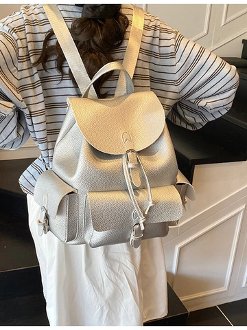 Sac à Dos Femme Mode en Cuir PU Texture Litchi Grande Capacité Sac d'École pour Étudiants Quotidien Voyage Navette